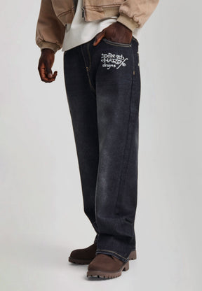EH HARDY Jeans Baggy Con Patch Teschio e Stampa Retro Lavaggio Denim Nero