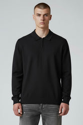 Polo A Maniche Lunghe Mezza Zip Made in Italy In Cotone Nero