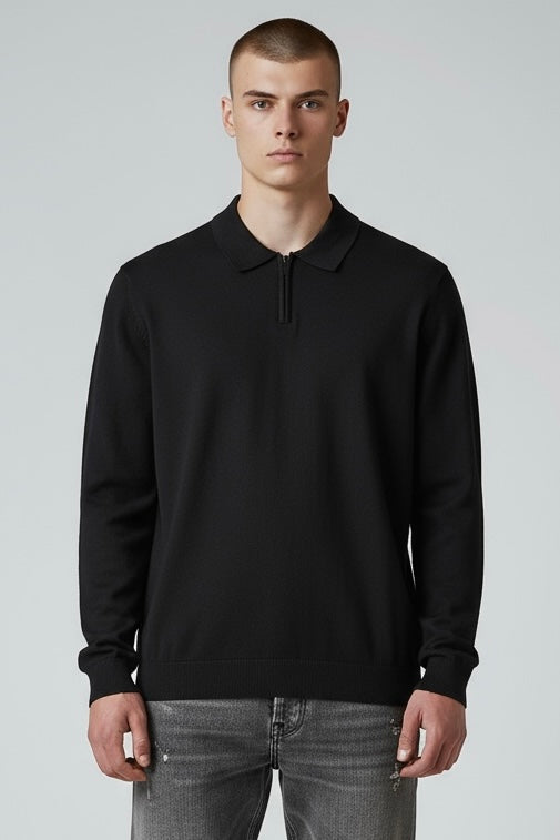 Polo A Maniche Lunghe Mezza Zip Made in Italy In Cotone Nero