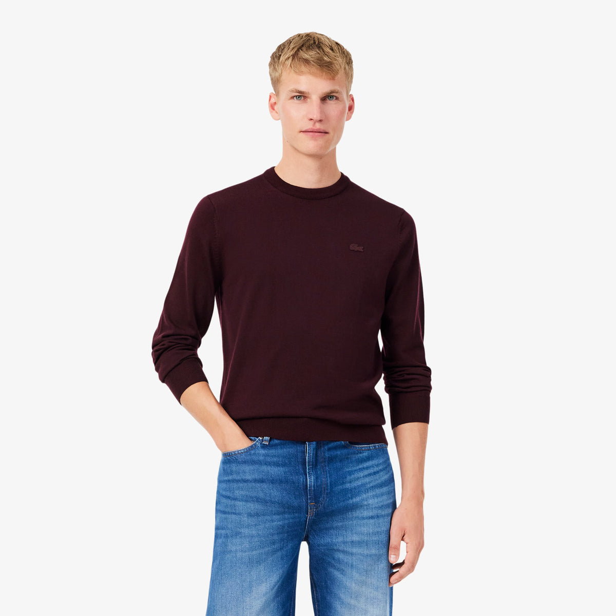LACOSTE Maglione Girocollo In Lana Merino Logo Tono Su Tono Bordeux