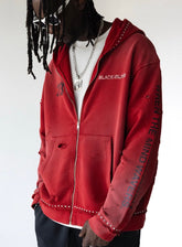 BLACK ISLAND Felpa Con Zip In Cotone Sfumata Con Stampa Retro Rossa