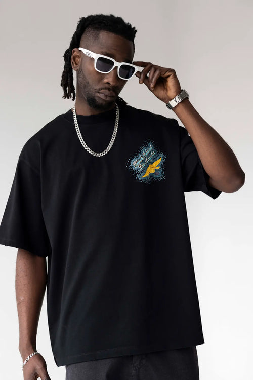 BLACK ISLAND T-Shirt In Cotone Nera Stampa Brillantinata Azzurra