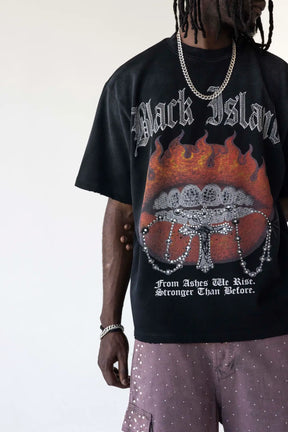 BLACK ISLAND T-Shirt In Cotone Sfumata Con Stampa Bocca In Fiamme e Brillantini Nera