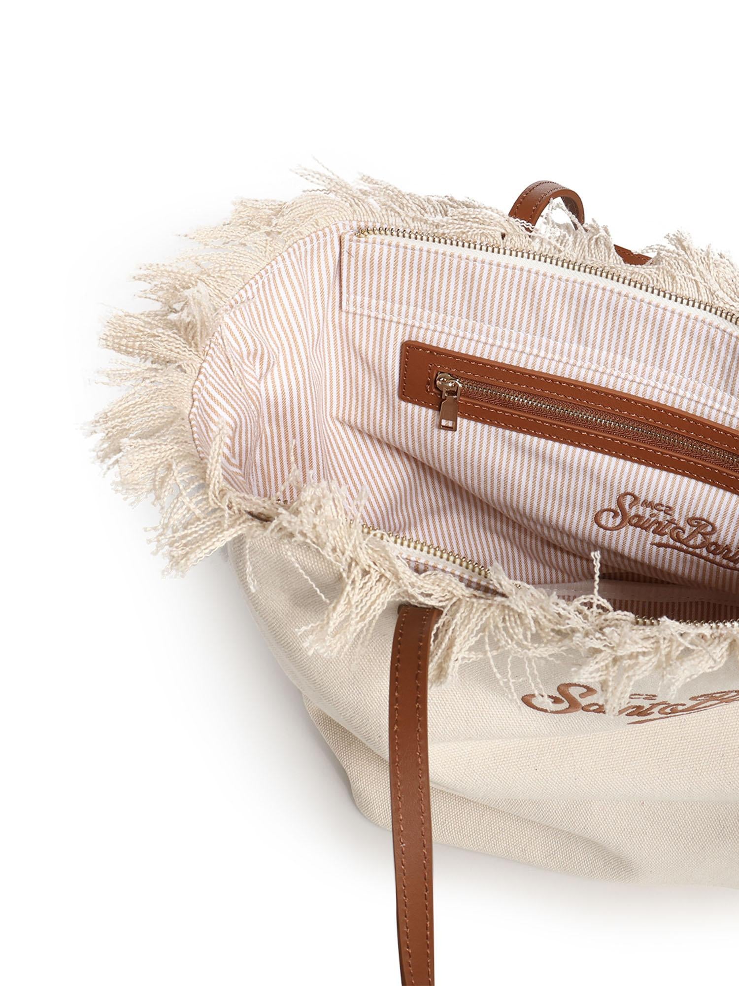 SAINT BARTH BORSA CITY REGULAR IN CANVAS PANNA CON FRANGE Logo Ricamato Marrone Beige