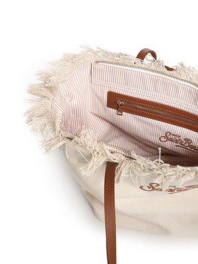 SAINT BARTH BORSA CITY REGULAR IN CANVAS PANNA CON FRANGE Logo Ricamato Marrone Beige