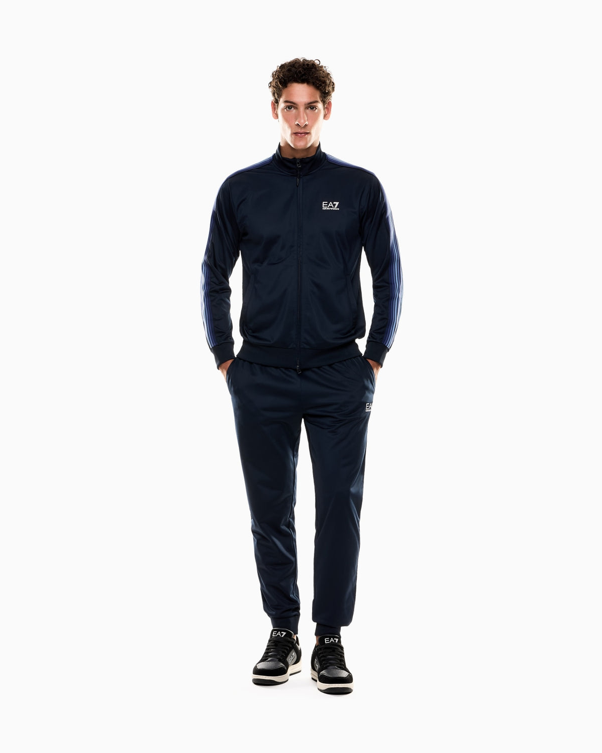 EMPORIO ARMANI Tuta Leggera Acetata Con Zip Senza Cappuccio Con Bande Blu