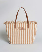 SAINT BARTH Borsa City Regular in canvas a righe nocciola con chiusura a zip e frange