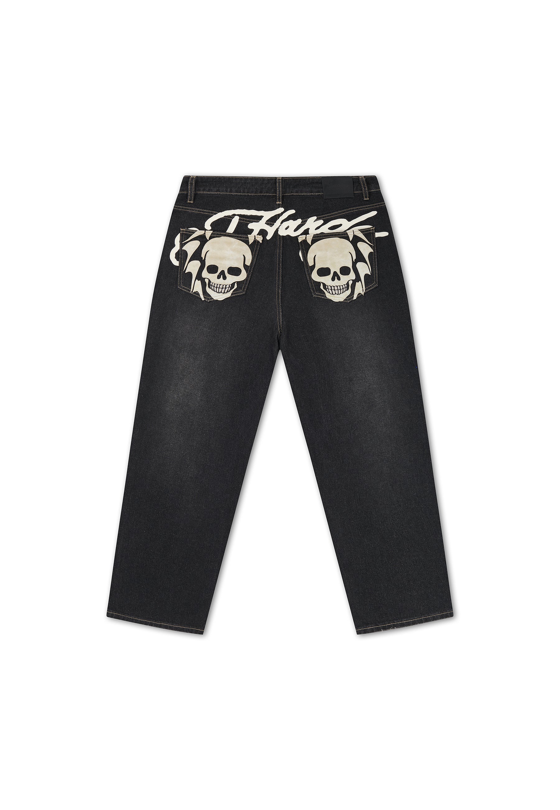 EH HARDY Jeans Baggy Con Patch Teschio e Stampa Retro Lavaggio Denim Nero