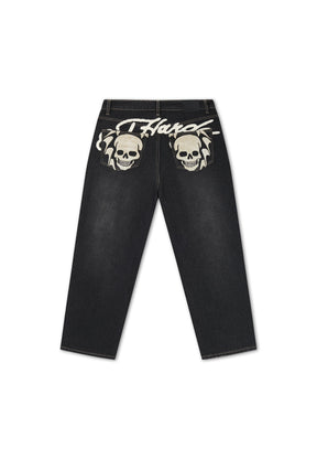 EH HARDY Jeans Baggy Con Patch Teschio e Stampa Retro Lavaggio Denim Nero