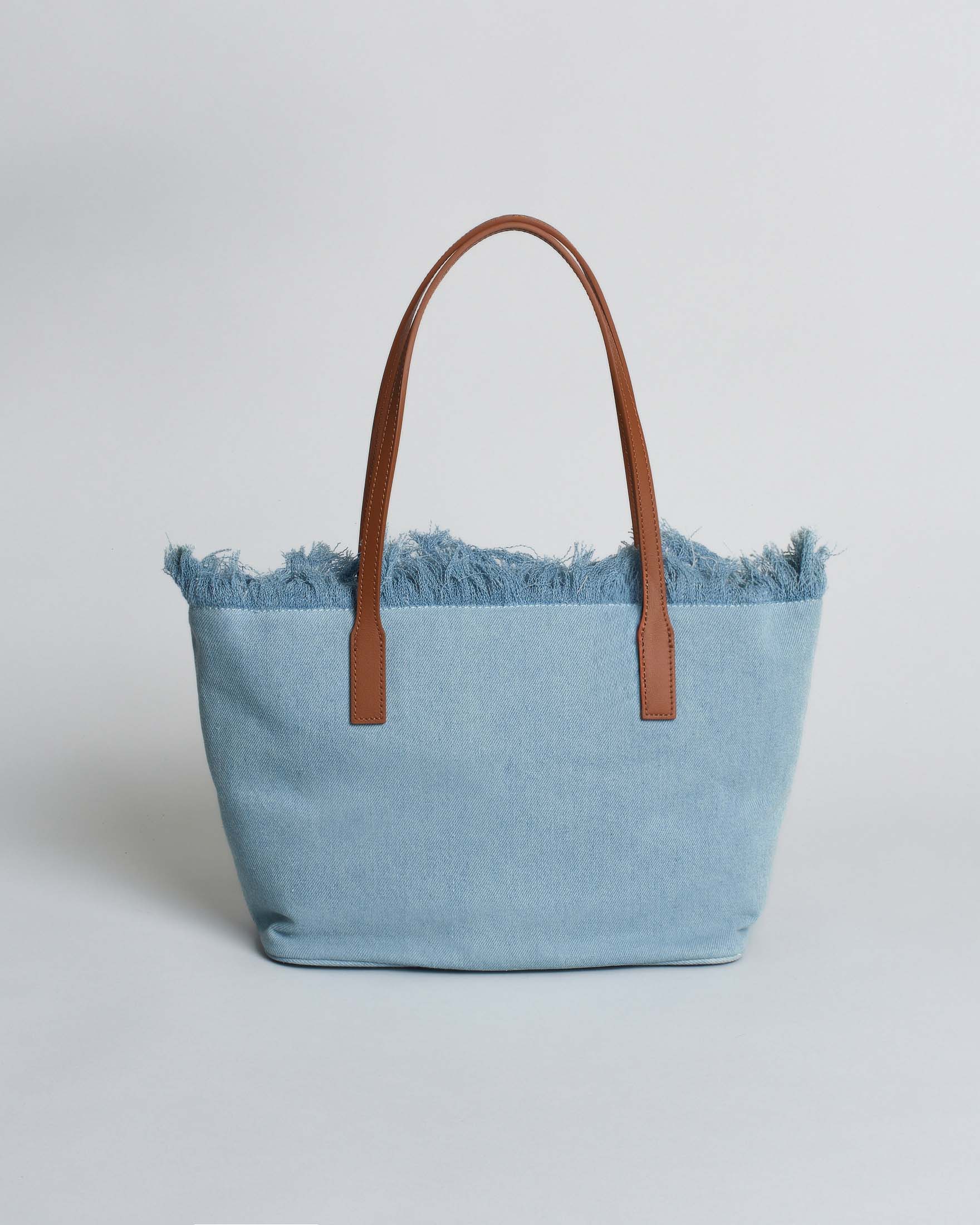 SAINT BARTH Borsa City Medium in cotone effetto denim blu chiaro con chiusura a zip e frange