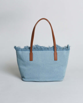 SAINT BARTH Borsa City Medium in cotone effetto denim blu chiaro con chiusura a zip e frange