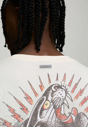 ED HARDY T-Shirt Con Logo Centrale e Stampa Retro Panna