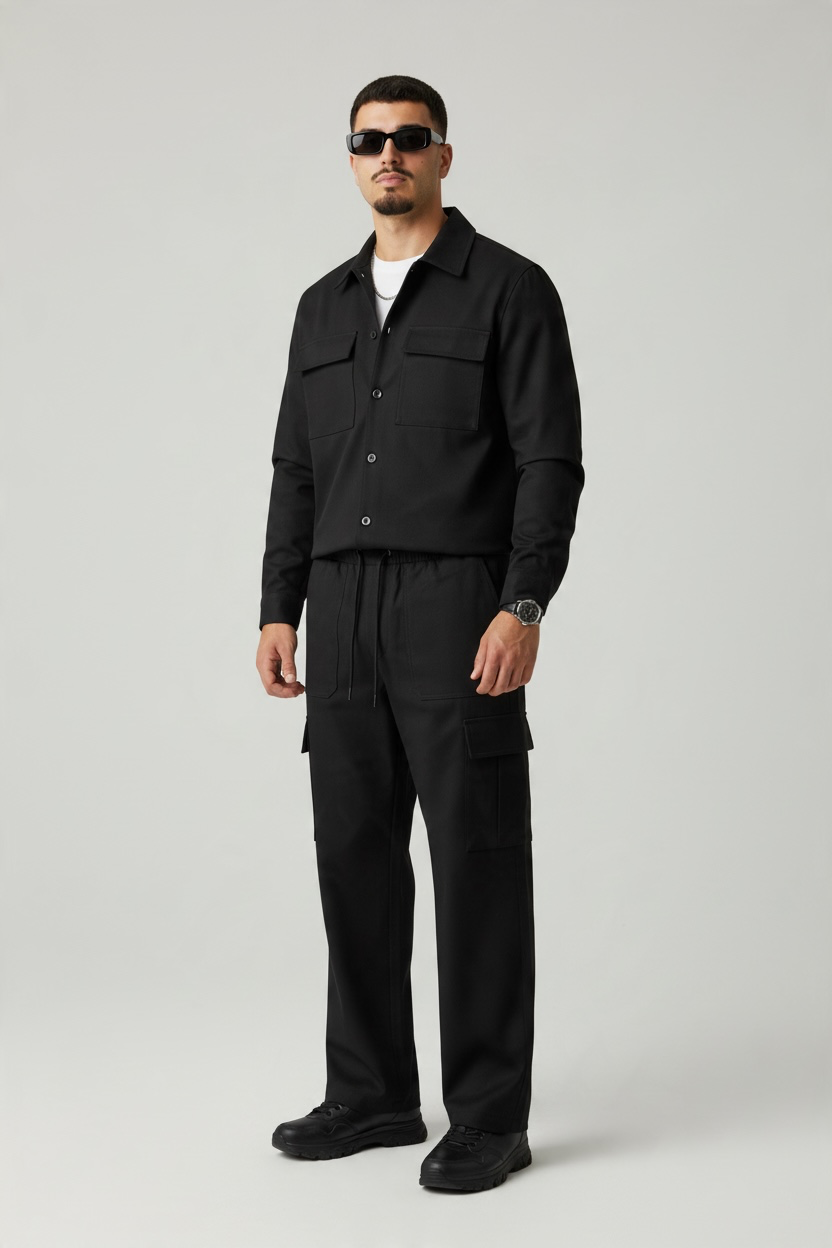 FIRST GARMENT Coordinato Giacca Con Bottoni, Tasconi e Colletto Pantalone Cargo Fondo Comodo Nero