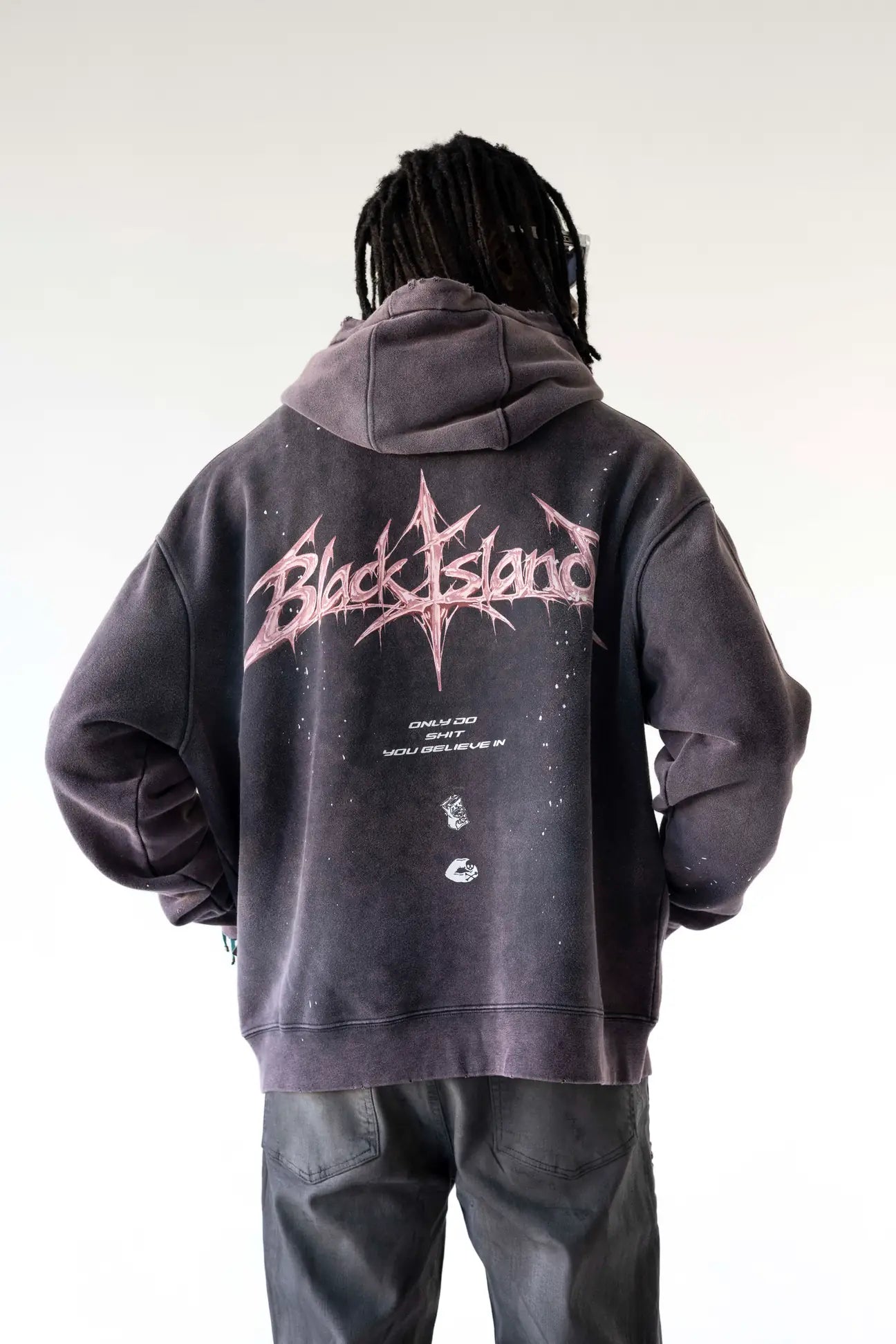 BLACK ISLAND Felpa Con Cappuccio Con Stampa Fronte e Retro Viola Stone Wash