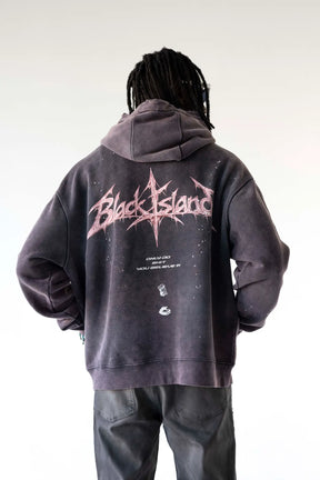 BLACK ISLAND Felpa Con Cappuccio Con Stampa Fronte e Retro Viola Stone Wash