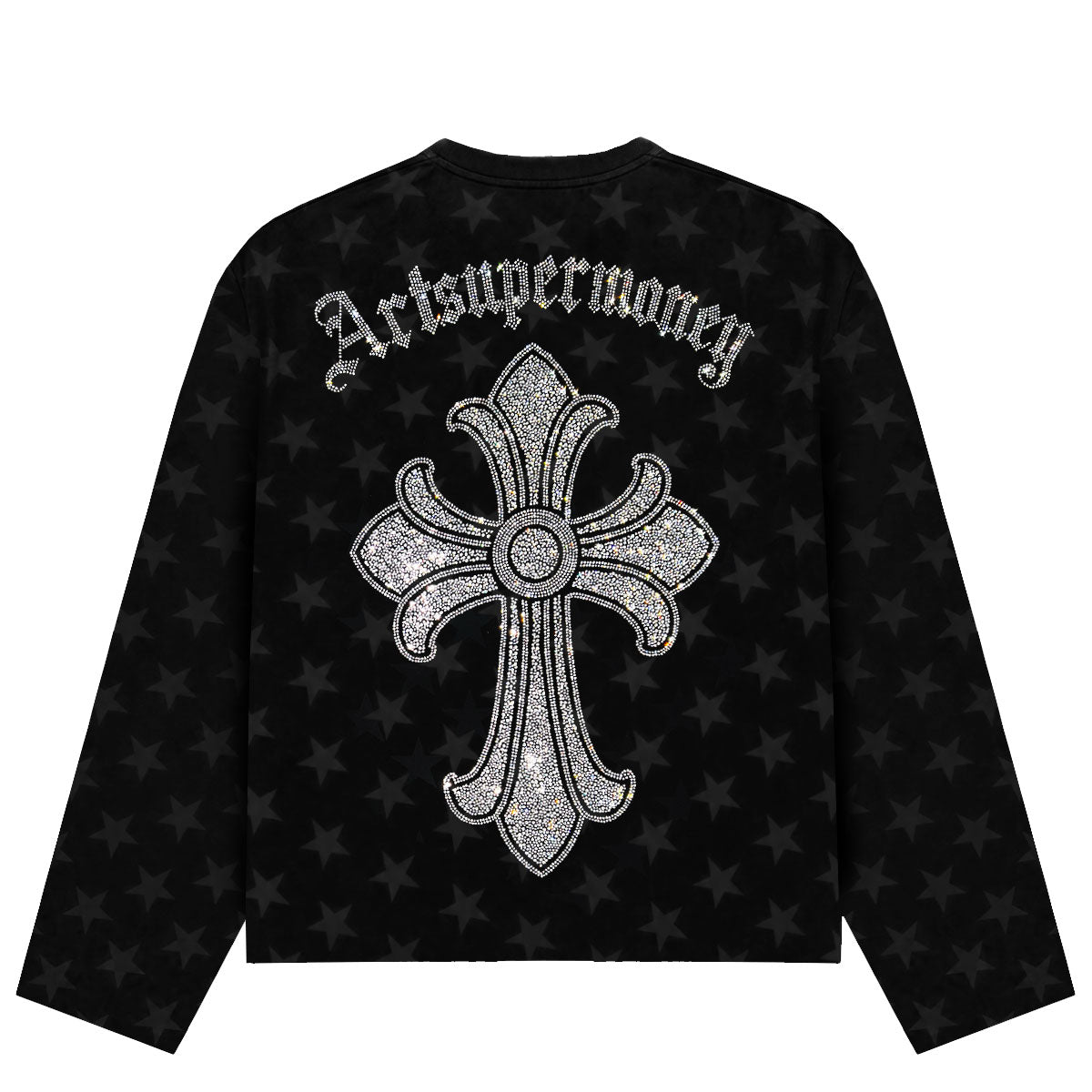 ART SUPER MONEY Long Sleeve Deep Gothic Con Stampa e Strass Fronte Retro Con Stampa Star Nera