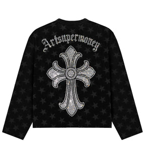 ART SUPER MONEY Long Sleeve Deep Gothic Con Stampa e Strass Fronte Retro Con Stampa Star Nera