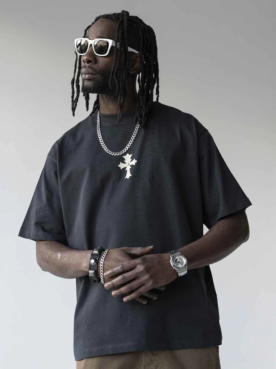 BLACK ISLAND T-Shirt In Cotone Con Stampa Croce Grigio Scuro