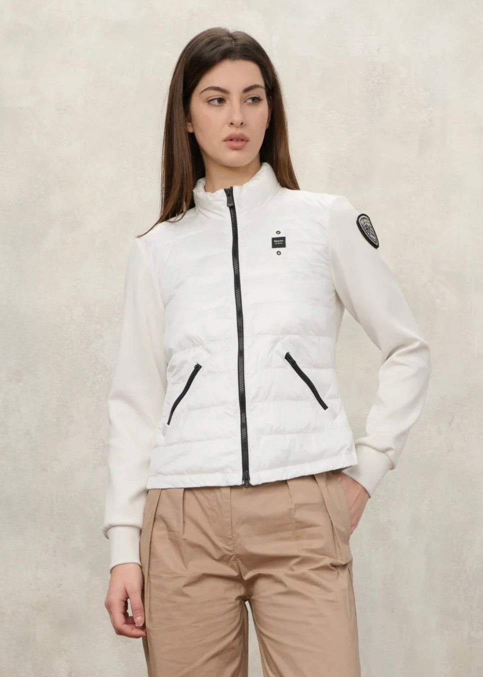 BLAUER Haskel Antivento Donna Meta Fasciato Metà Liscio Senza Cappuccio Bianco