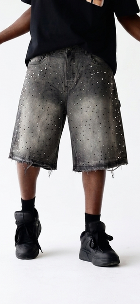PRESENT DAY Bermuda Jeans Jorts Con Dettagli Perle e Brillantini Denim Nero