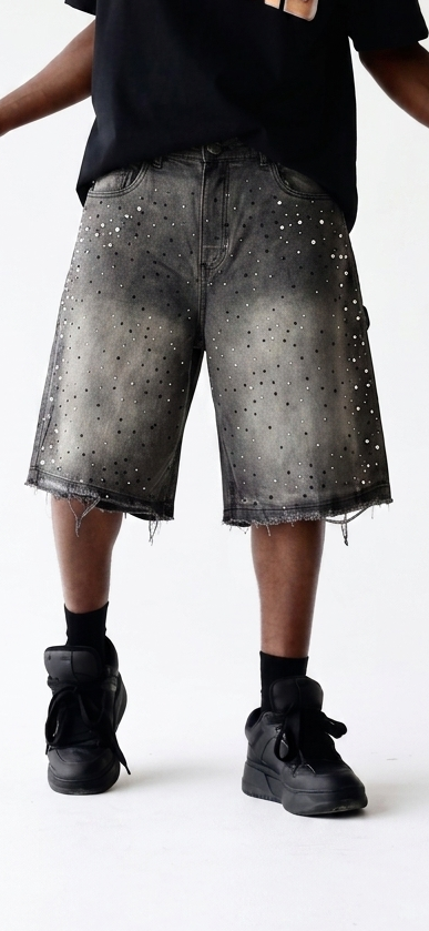 PRESENT DAY Bermuda Jeans Jorts Con Dettagli Perle e Brillantini Denim Nero