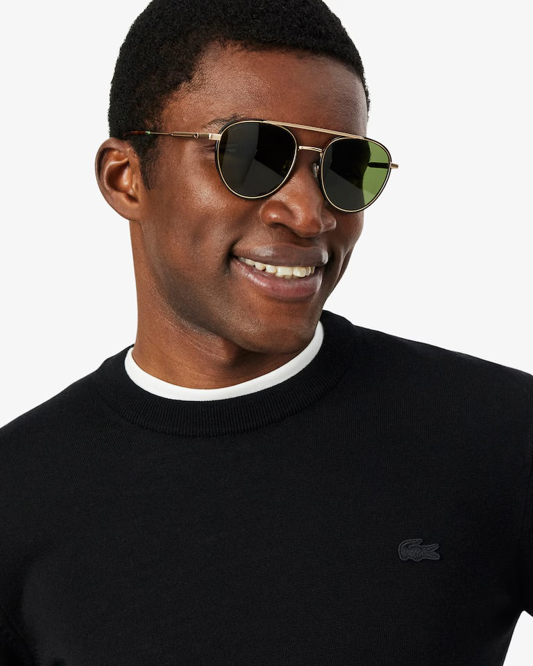 LACOSTE Maglione Girocollo In Lana Merino Logo Tono Su Tono Nero