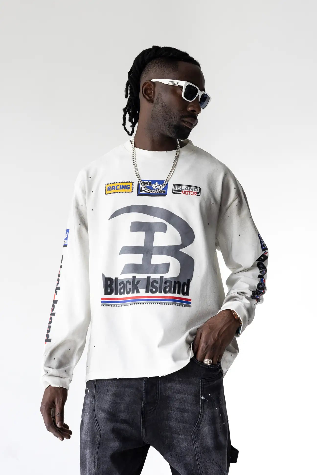 BLACK ISLAND Long Sleeve Racing Effetto Sporco Multilogo Bianca