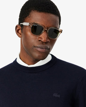 LACOSTE Maglione Girocollo In Lana Merino Logo Tono Su Tono Blu