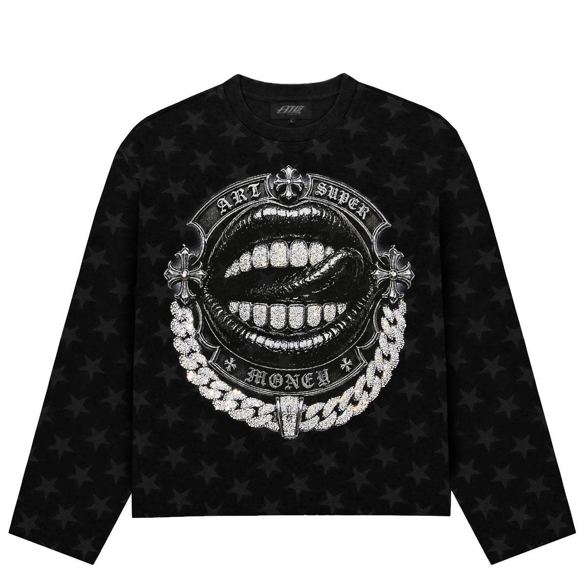 ART SUPER MONEY Long Sleeve Deep Gothic Con Stampa e Strass Fronte Retro Con Stampa Star Nera