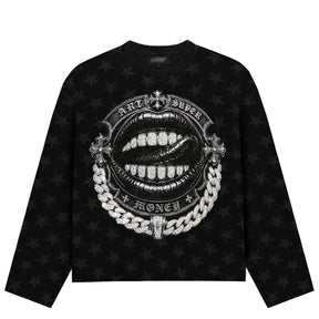 ART SUPER MONEY Long Sleeve Deep Gothic Con Stampa e Strass Fronte Retro Con Stampa Star Nera