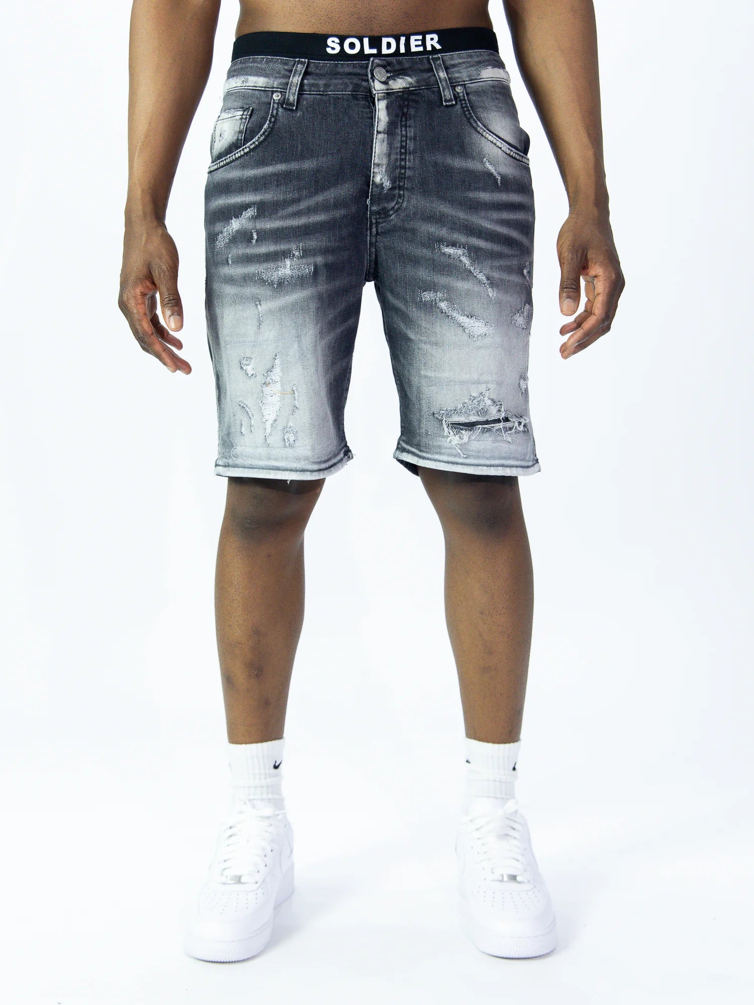SOLDIER Bermuda Jeans In Denim Grigio Asfalto Con Strappi