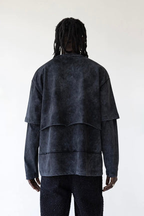 BLACK ISLAND T-Shirt Longe Sleeve In Cotone Sfumata Con Stampa Fronte Tripla Lunghezza Nero Stone Wash