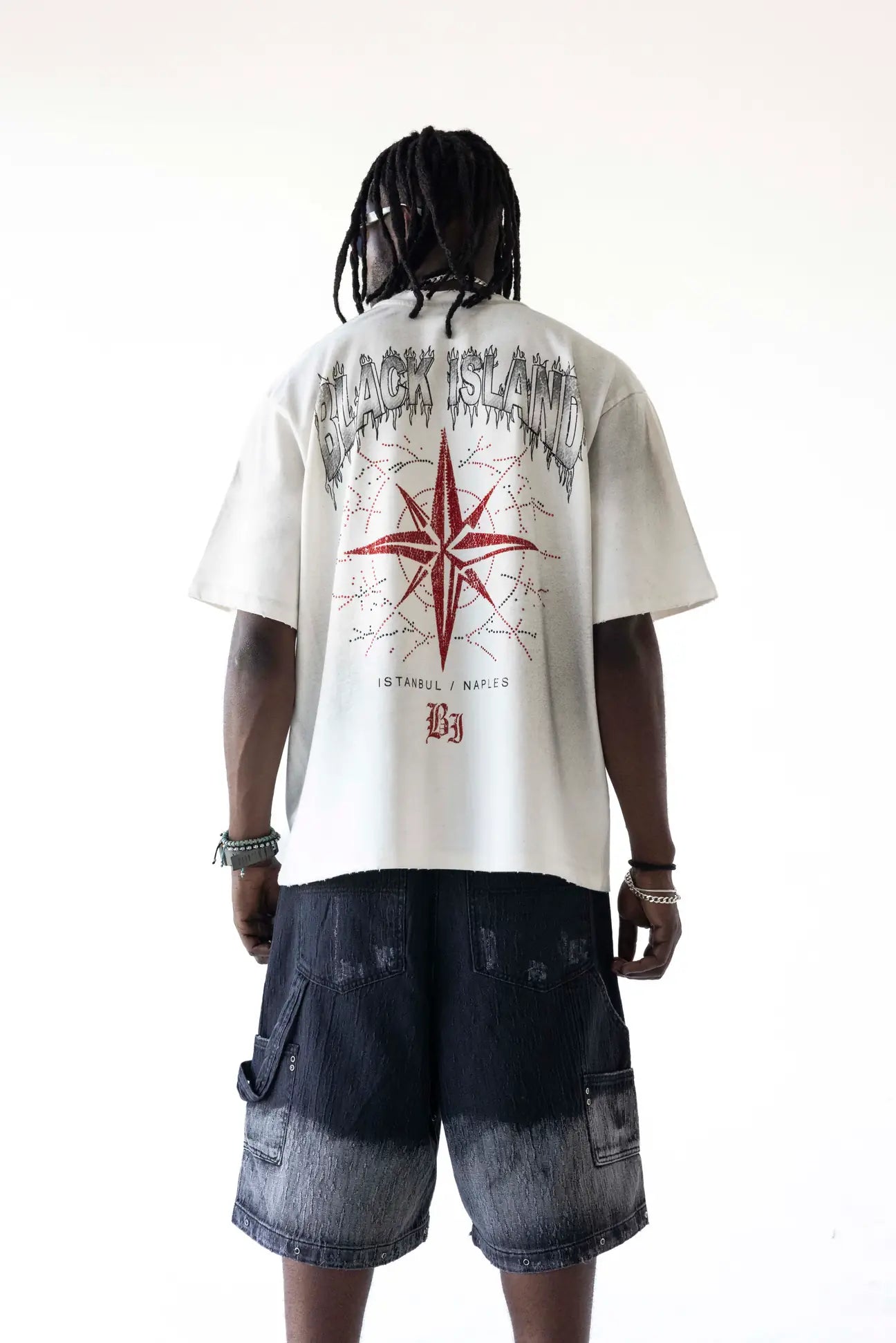 BLACK ISLAND T-Shirt In Cotone Stampa Bocca Frontale Rosa Dei Venti Retro Bianco Stone Wash
