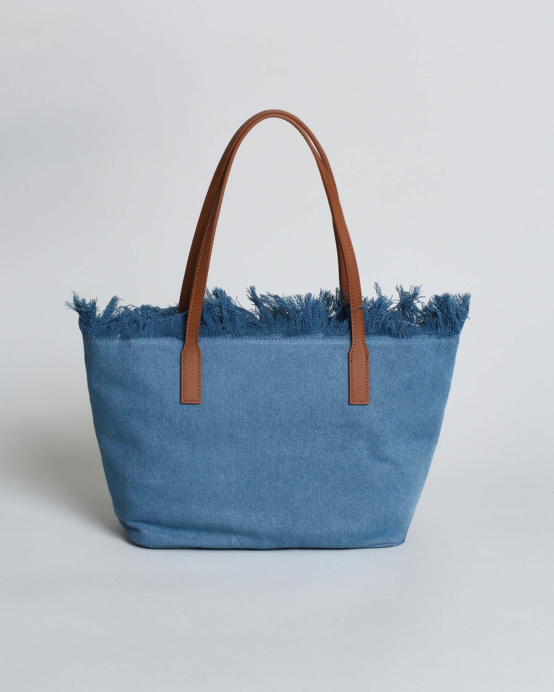 SAINT BARTH Borsa City Medium in denim blu con chiusura a zip e frange