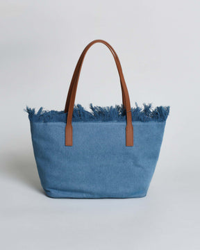 SAINT BARTH Borsa City Medium in denim blu con chiusura a zip e frange