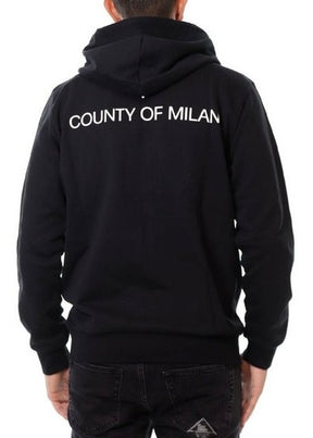 COUNTY OF MILAN Felpa Con Zip e Cappuccio Con Logo Ricamato e Stampa Retro Nera