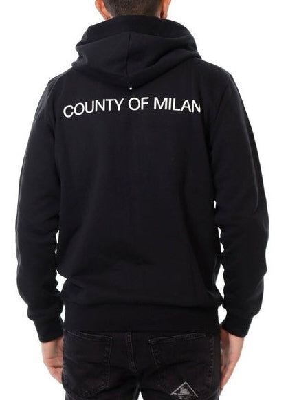 COUNTY OF MILAN Felpa Con Zip e Cappuccio Con Logo Ricamato e Stampa Retro Nera