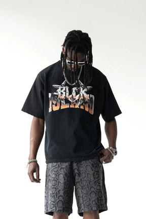 BLACK ISLAND T-Shirt In Cotone Sfumata Cropped Con Stampa Nera