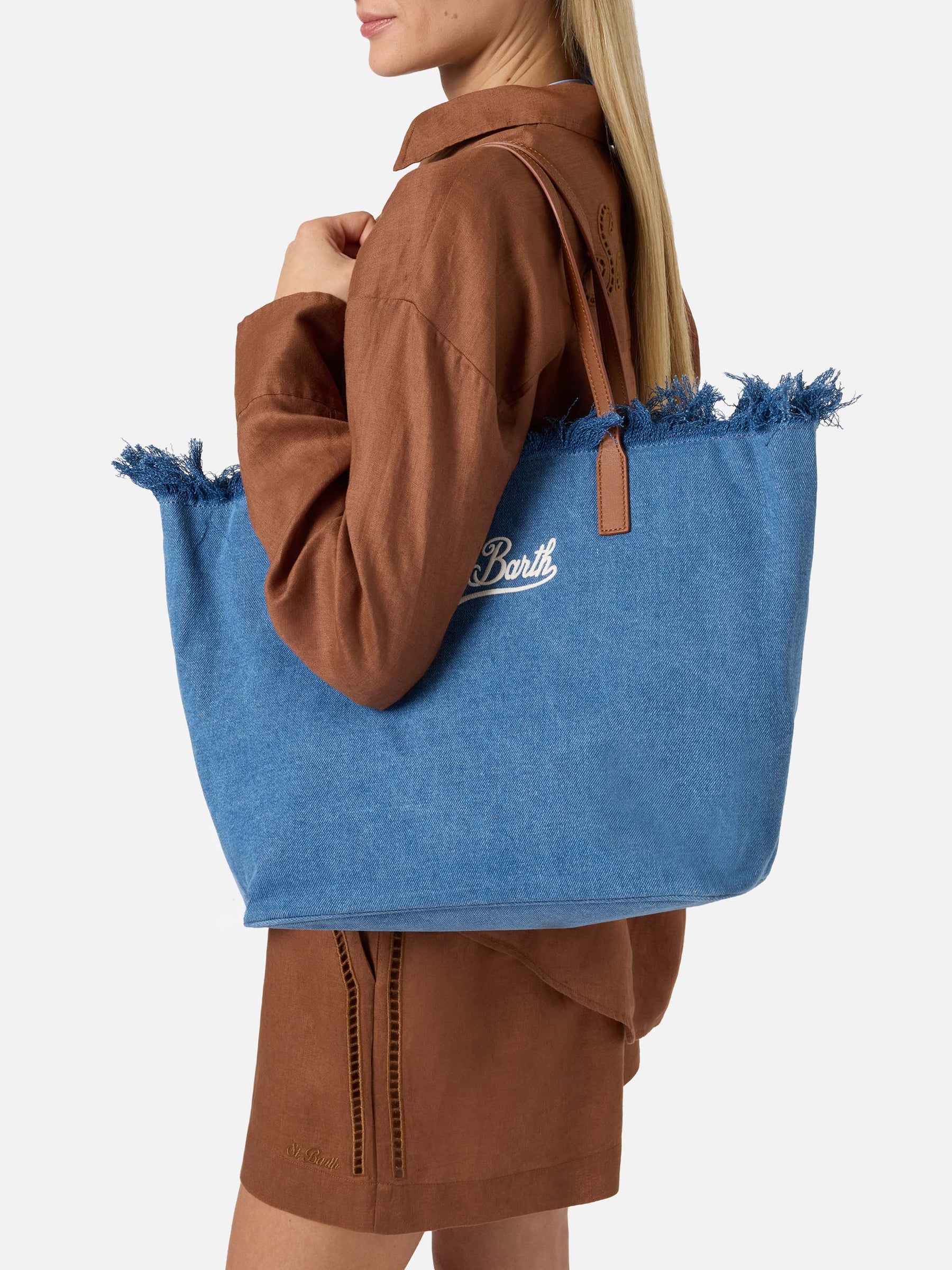 SAINT BARTH BORSA CITY REGULAR IN TESSUTO DENIM CON FRANGE