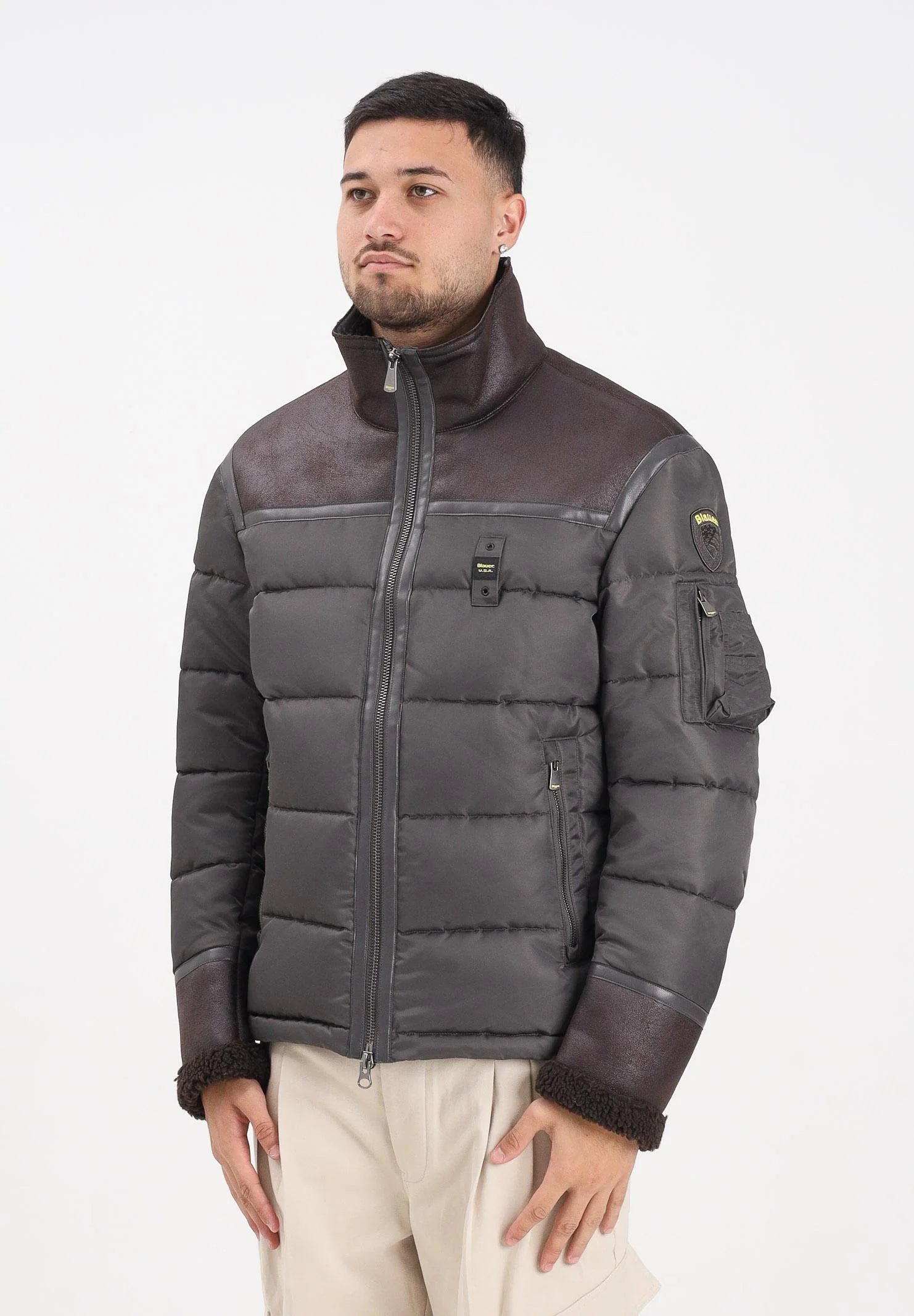 BLAUER Giubbotto Uomo Ovattato Invernale Metà Pelle Montone Metà Fasciato Nero