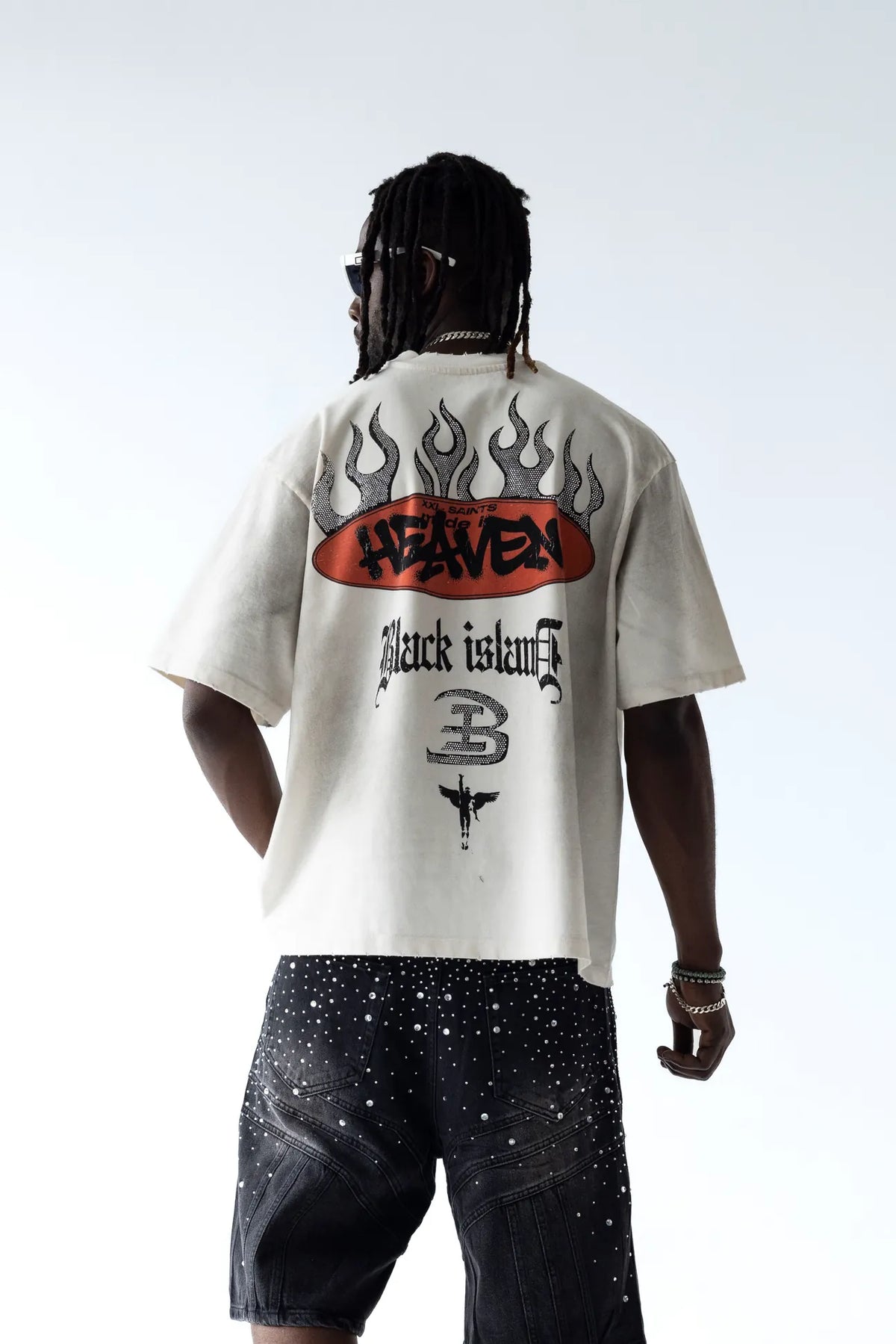 BLACK ISLAND T-Shirt In Cotone Sfumata Cropped Con Stampa e Brillantini Fronte e Retro Bianca/Nero