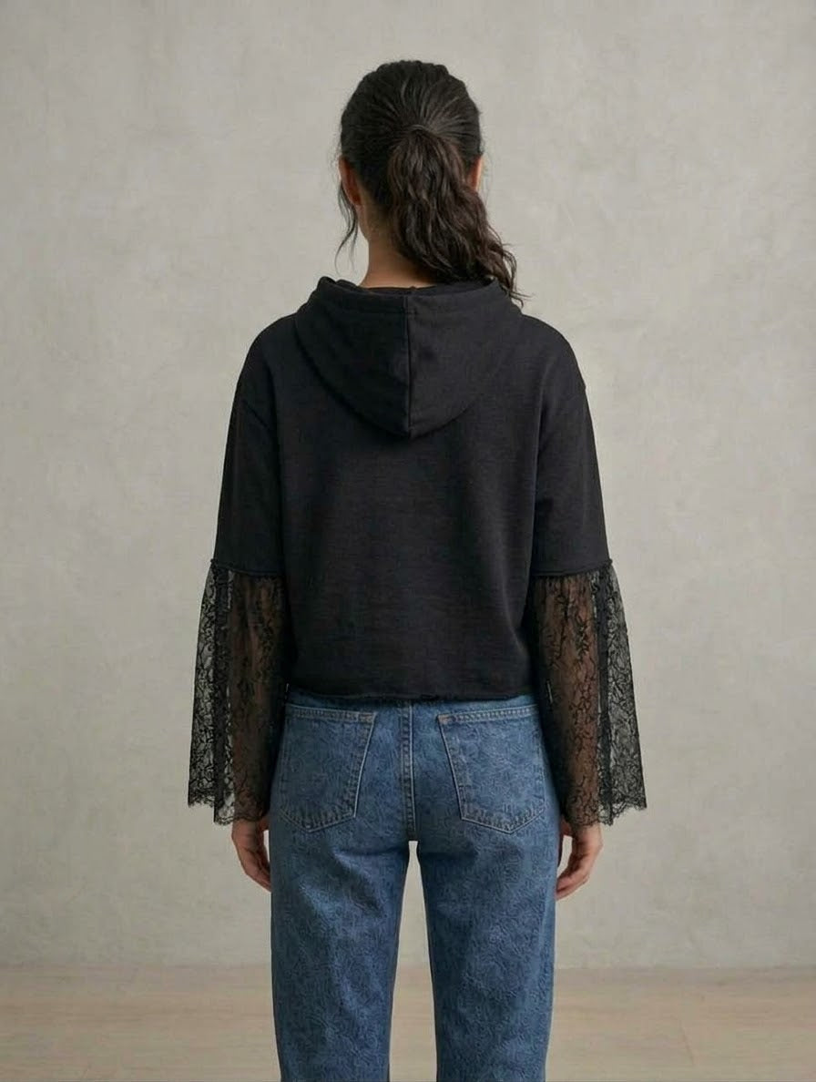 DISCLAIMER Felpa Con Cappuccio Maniche In Pizzo Donna Nero