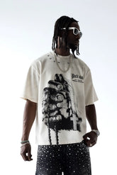 BLACK ISLAND T-Shirt In Cotone Sfumata Cropped Con Stampa e Brillantini Fronte e Retro Bianca/Nero