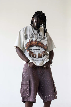 BLACK ISLAND T-Shirt In Cotone Sfumata Con Stampa Bocca In Fiamme e Brillantini