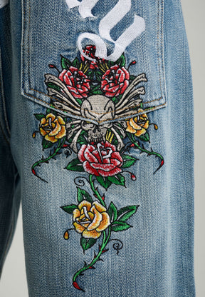 ED HARDY Pantaloncino in Jeans Jorts Con Dettagli Ricamati Gotici Sul Retro