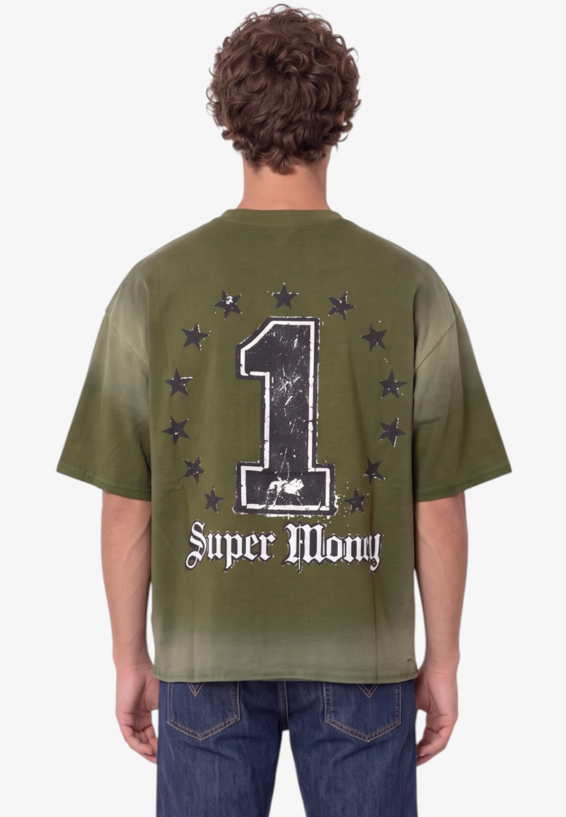 ART SUPER MONEY T-Shirt GRILLZ Con Stampa e Strass Fronte Retro Verde Militare