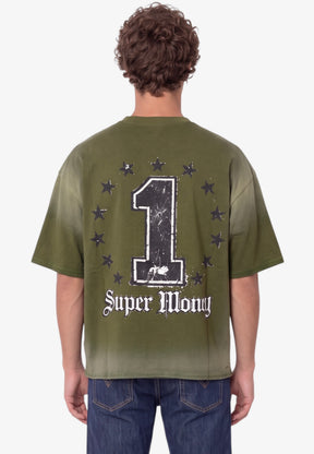 ART SUPER MONEY T-Shirt GRILLZ Con Stampa e Strass Fronte Retro Verde Militare