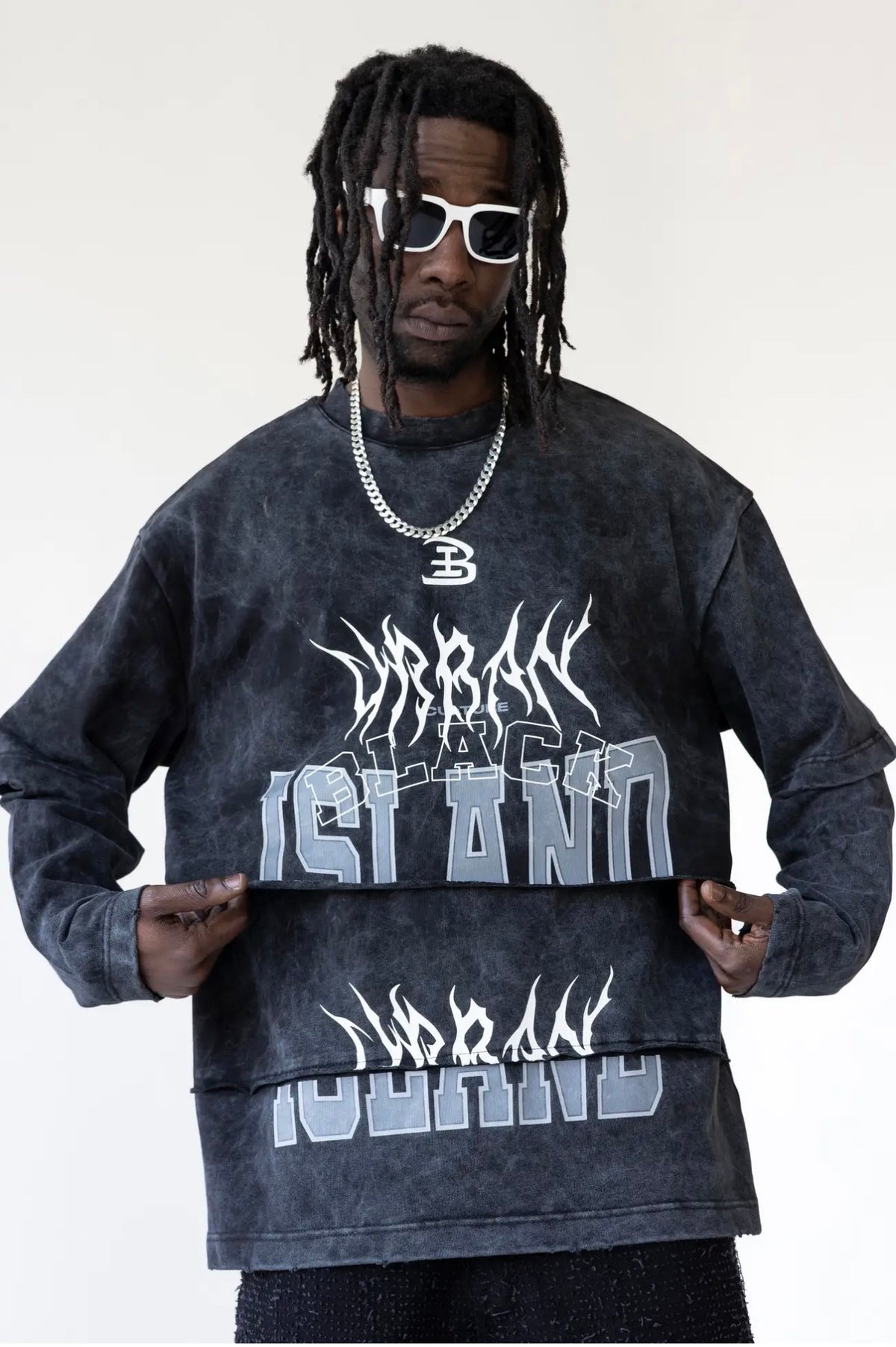 BLACK ISLAND T-Shirt Longe Sleeve In Cotone Sfumata Con Stampa Fronte Tripla Lunghezza Nero Stone Wash