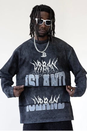 BLACK ISLAND T-Shirt Longe Sleeve In Cotone Sfumata Con Stampa Fronte Tripla Lunghezza Nero Stone Wash