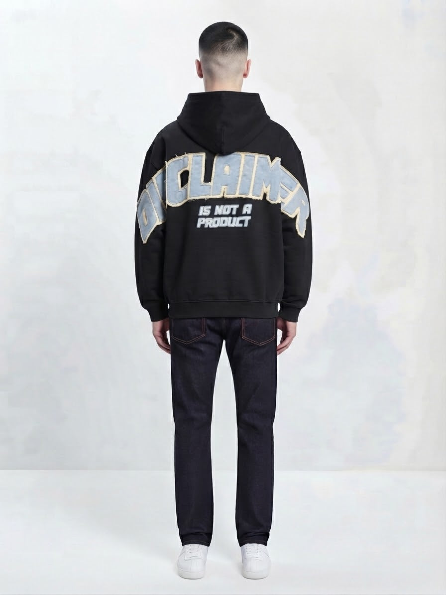 DISCLAIMER Felpa Con Cappuccio e Zip Nera Logo Retro Azzurro